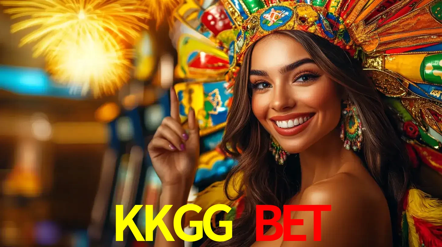 Mulher sorridente com um cocar de carnaval vibrante e colorido, celebrando uma grande vitória nos jogos do cassino KKGG BET com fogos de artifício ao fundo.
