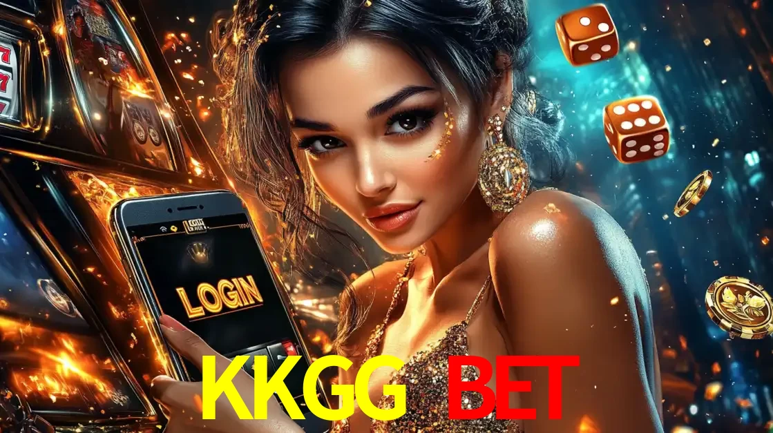 Mulher glamourosa segurando um celular com a tela de login do cassino KKGG BET, rodeada por dados e moedas douradas, pronta para começar a diversão.