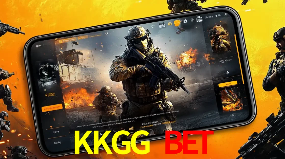 Um smartphone exibindo a interface de um jogo de tiro em primeira pessoa, com um soldado em um cenário de batalha, representando a ação dos e-sports para apostar no KKGG BET.