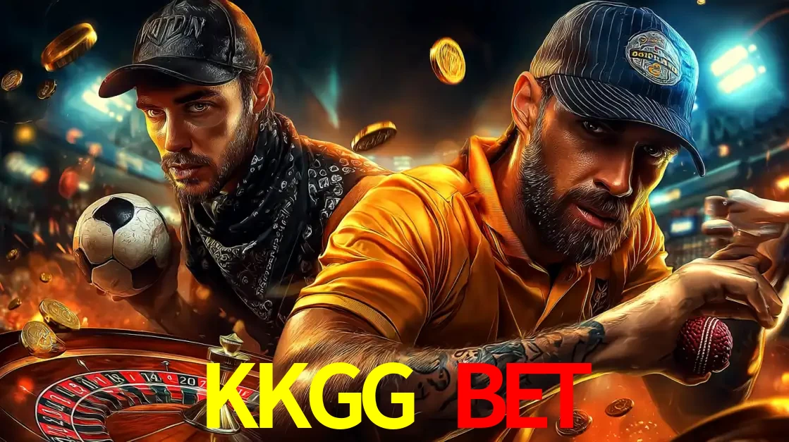 Montagem de apostas esportivas e cassino no KKGG BET, com um homem segurando uma bola de futebol e outro uma de beisebol sobre uma roleta e moedas voadoras.