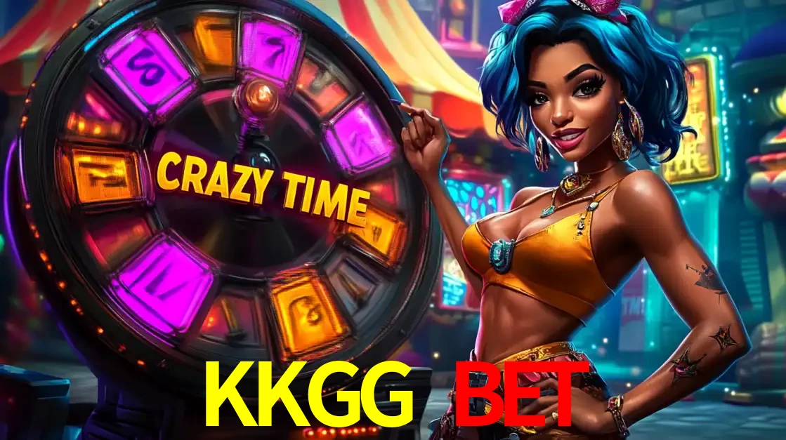 Mulher estilizada com cabelo azul e visual vibrante posando ao lado da roda de prêmios do game show Crazy Time, convidando para a diversão e os bônus do cassino KKGG BET.