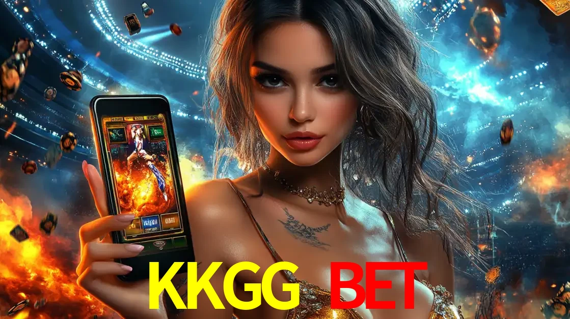 Mulher segurando um celular com um jogo de slot em destaque, tendo como fundo um estádio vibrante, simbolizando a emoção de jogar no cassino móvel KKGG BET.