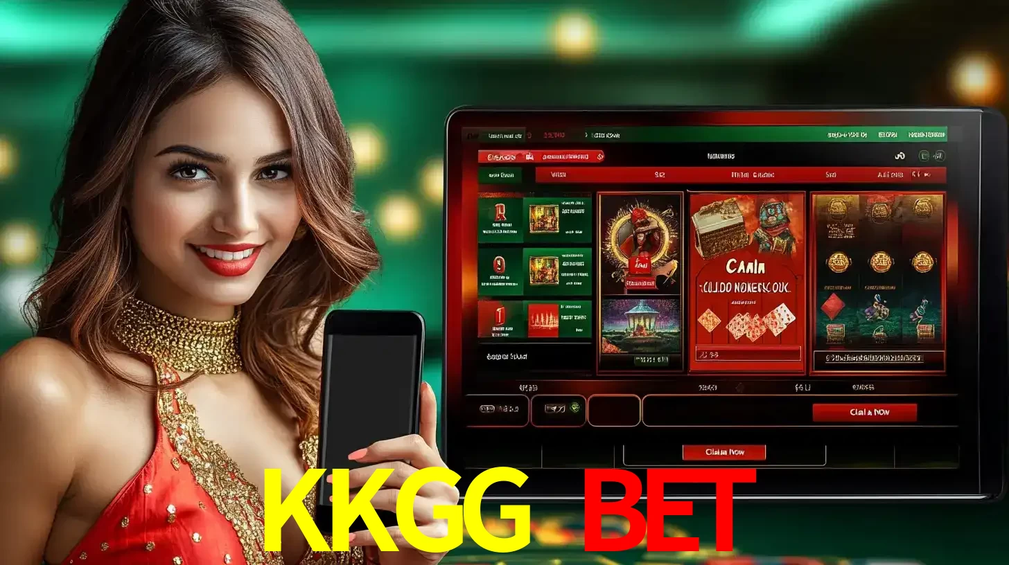 Mulher sorridente segurando um smartphone, ao lado de uma tela exibindo o lobby de jogos do cassino online KKGG BET, com várias opções de jogos de cartas e slots.